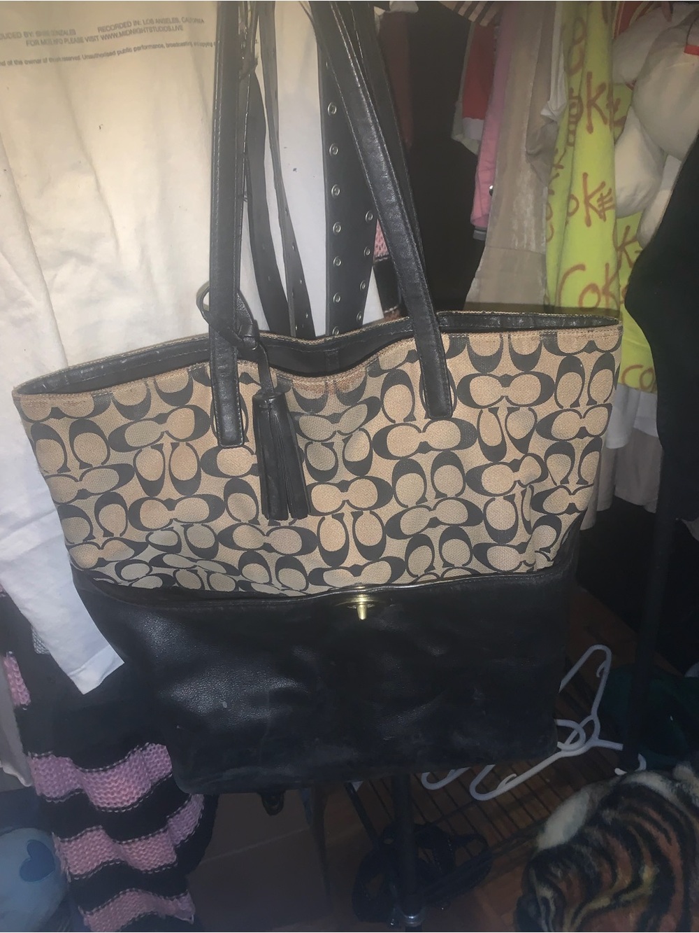 Coach Canvas Signature Tote in Khaki and Black with Tassel